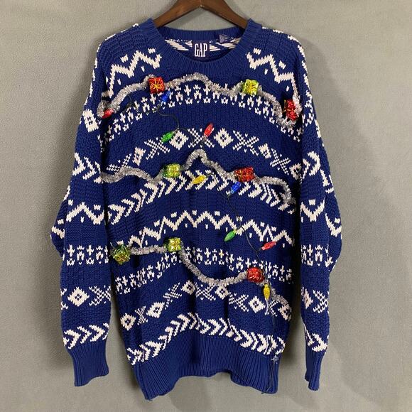 GAP‎ Chunky Knit Holiday Light Up Sweater Ugly Christmas 1986-2016 Blue & White - Picture 1 of 10